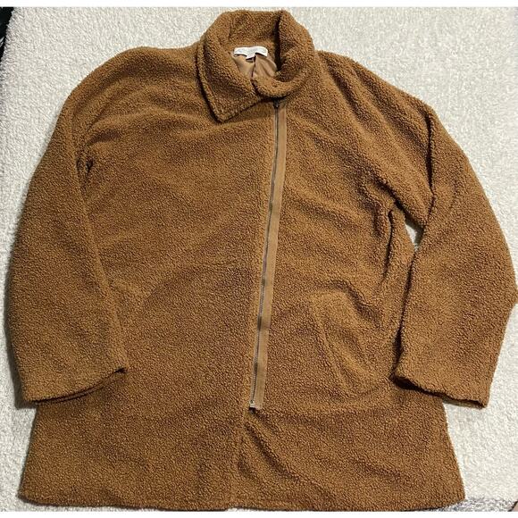 Suzanne Betro Weekend Womens Sz L Sherpa Jacket Asymmetrical Zip Caramel Brown - Picture 1 of 14